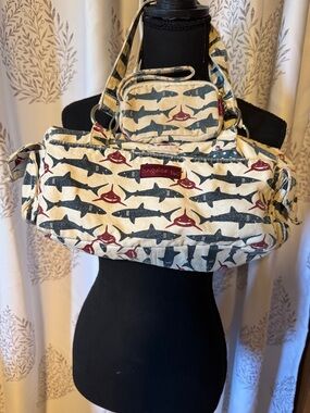 bungalow 360 Canvas Shoulder Bag with Shark Print in Cream, Blue & Maroon